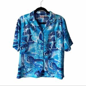 Vintage Tan Jay Blue Ship Button Short Sleeve 10